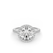 White Gold Round Shape Diamond Halo Pave Engagement Ring With U-Cut Setting